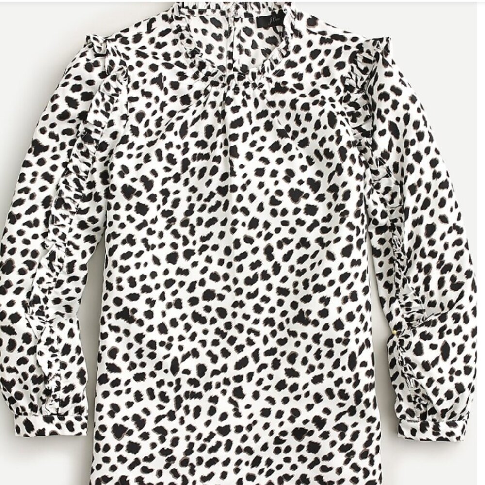 J CREW Women's Small Ruffle-sleeve top in Leopard Satin Keyhole Back